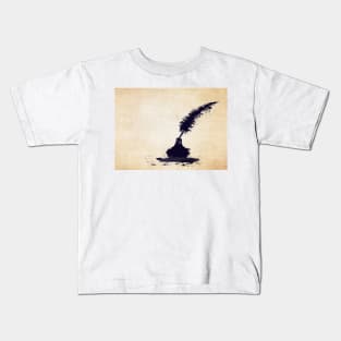 Abstract Ink Splash Peacock Feather Quill With Vintage Ink Well Kids T-Shirt